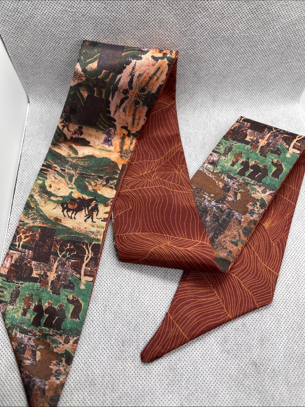 Vintage-Inspired Scenic Print Skinny Scarf - Teal, Brown, Cream